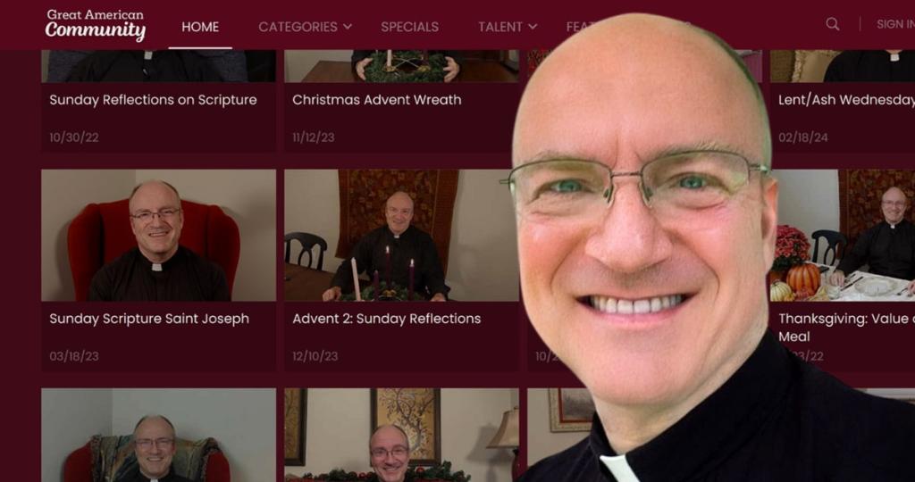 Catholic priest Father Randy Mattox over a screenshot of his videos for Great American Community