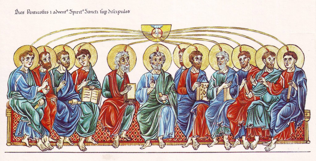 A depiction of Pentecost from Herrad of Landsberg's Hortus Deliciarum, 12th century. Image in the public domain. 