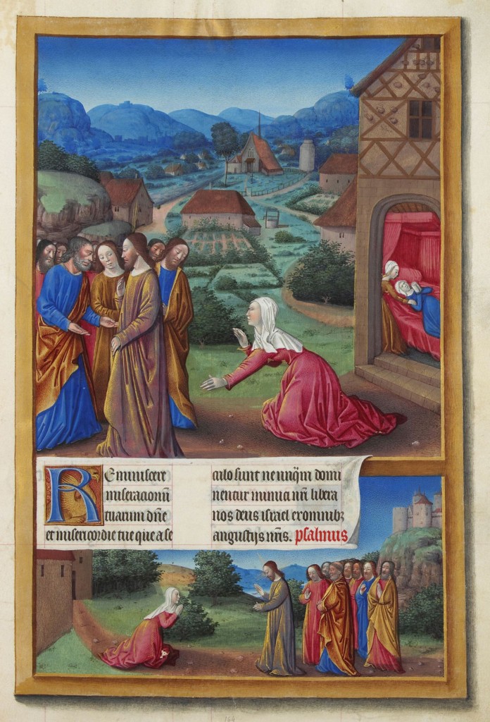 Jesus exorcising the Canaanite woman's daughter, from Très Riches Hueres du Duc de Berry, a 15th century manuscript. Image from Wikipedia, in the public domain. 