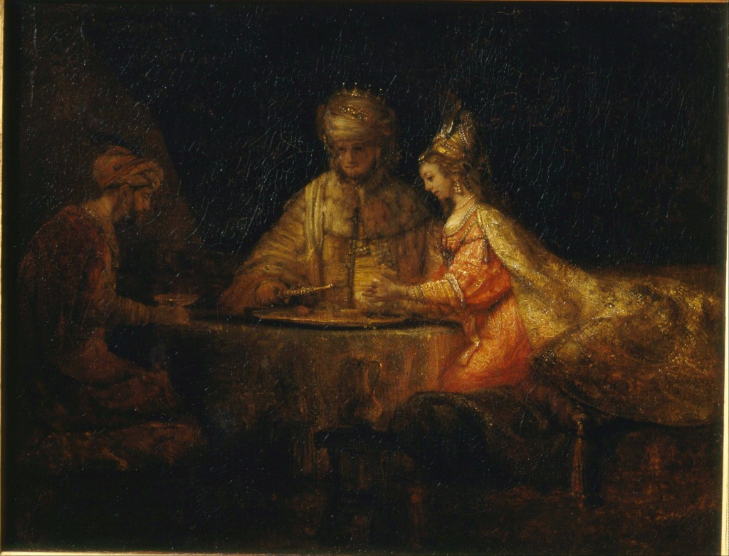 Ahasuerus and Haman at the Feast of Esther, by Rembrandt. Image in the public domain.