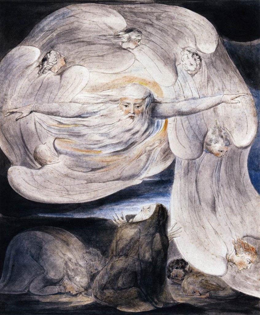 Woodcut by William Blake, of God appearing to Job in the whirlwind. Image in the public domain, taken from Wikipedia.