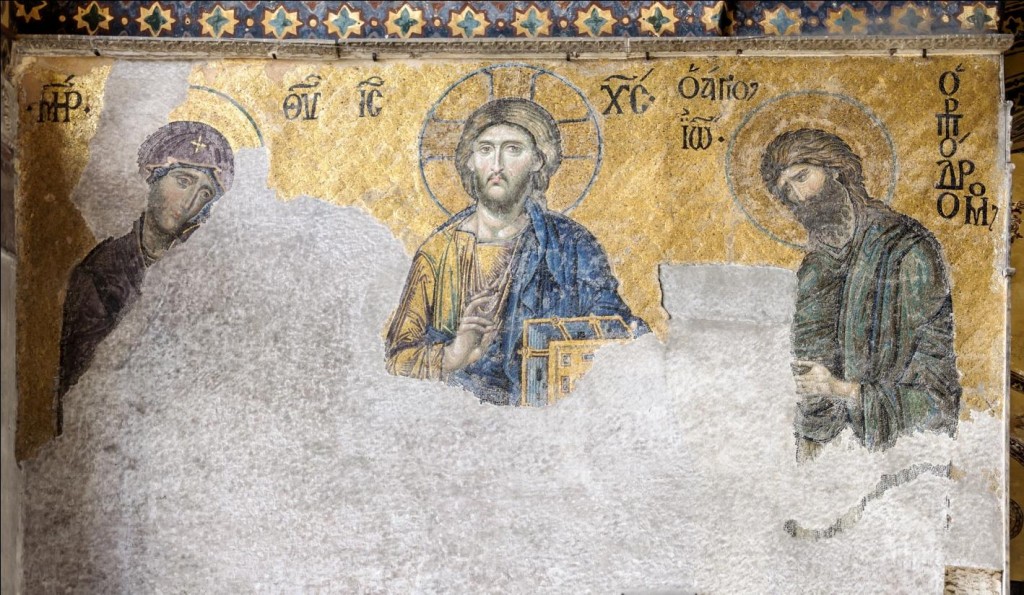 The Deesis Mosaic, at the Hagia Sophia in Istanbul, Turkey, featuring John the Baptist on the left and Mary on the right of Jesus. 