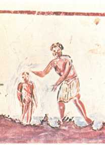 This image, of a baptism, is thought by some to depict Jesus' baptism. It is found in the Callistus Catacomb in Rome, and probably dates to the third century. 