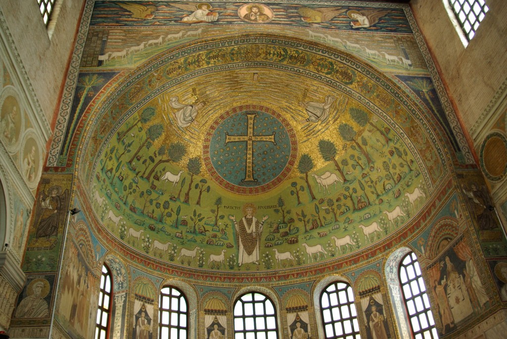 Although it isn't immediately obvious, this famous mosaic at Sant'Apollinare in Classe depicts the Transfiguration. Image in the public domain, taken from Wikipedia. 