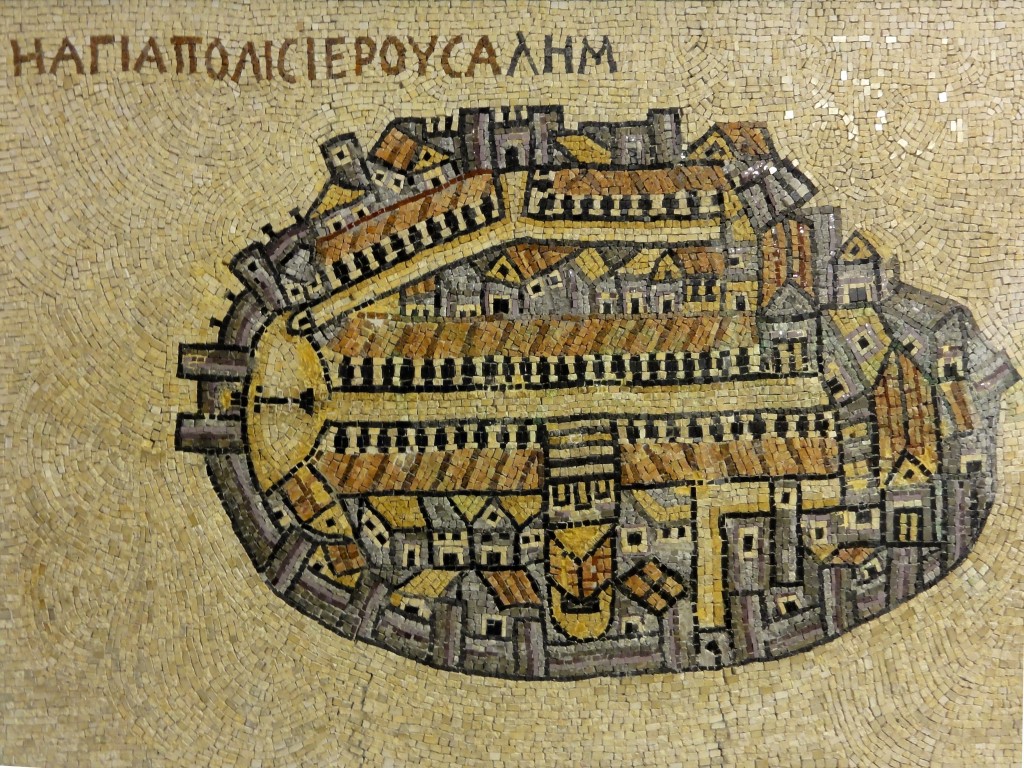 The 6th century Madaba map (here shown in a reproduction) is a mosaic depicting Jerusalem. Image is in the public domain, taken from Wikipedia. 