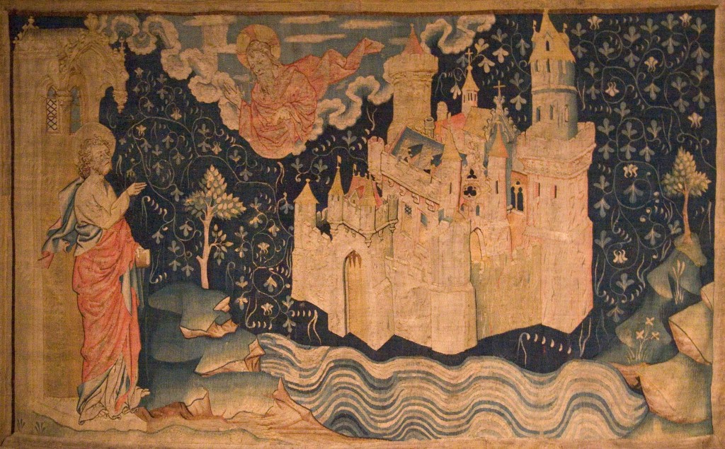 Image of Jerusalem descending from the sky, from the 14th-century "Tapestry of the Apocalypse." Image in the public domain, taken from Wikipedia. 