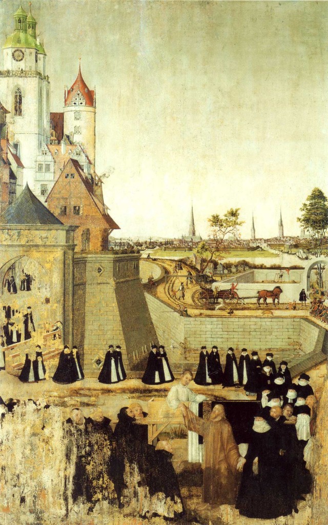 Altar panel by Lucas Cranach the Younger, 1569, depicting the raising of the widow's son at Nain. Found in the Stadtkirche Wittenberg. Image in the public domain, taken from Wikipedia. 