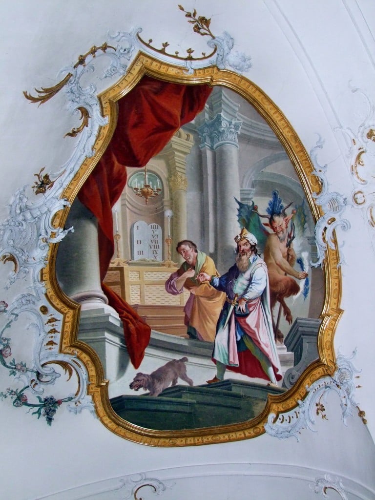 The Pharisee and the Publican, Baroque fresco in the Ottobeuren Basilica. Photo by Johannes Böckh and Thomas Mirtsch, licensed under creative commons attribution-share alike 3.0 (https://creativecommons.org/licenses/by-sa/3.0/), taken from Wikipedia. 