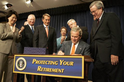https://commons.wikimedia.org/wiki/File%3APresident_George_W._Bush_signs_the_Pension_Protection_Act.jpg; By White House photo by Kimberlee Hewitt [Public domain], via Wikimedia Commons