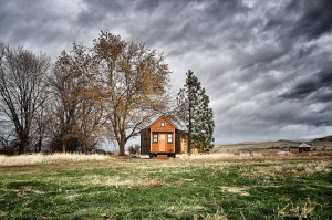 An extremely tiny home framed by trees and overshadowed by dark clouds in a dark green field