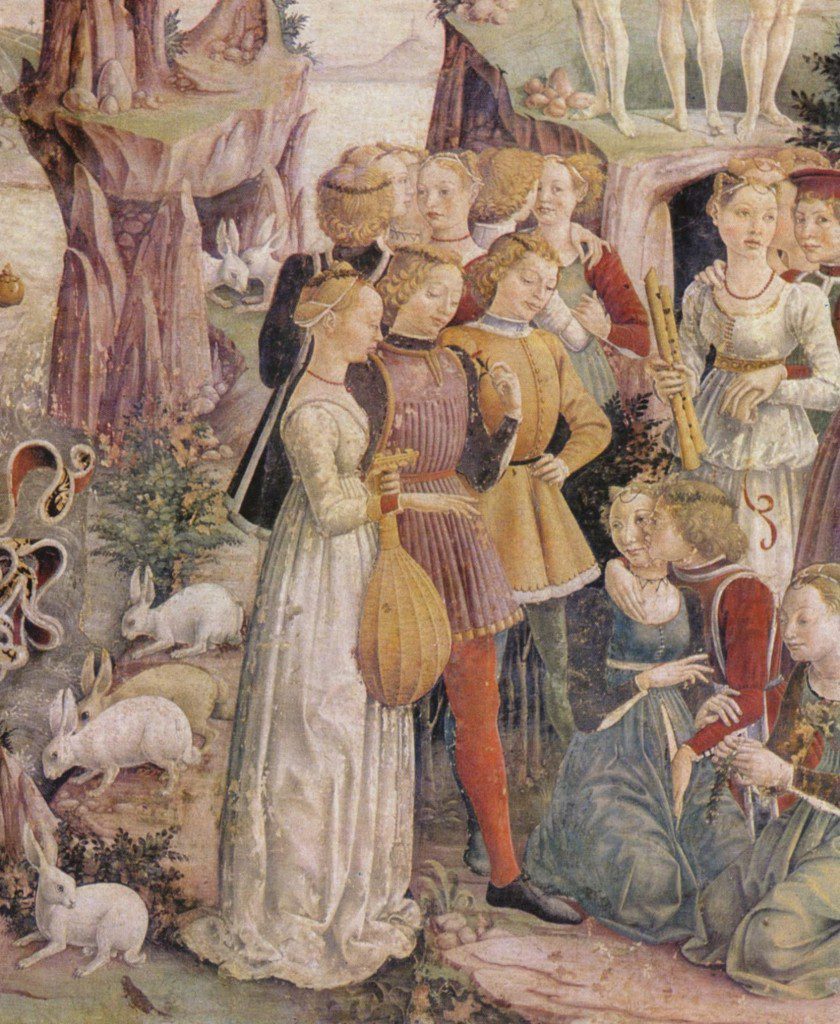 I could outfit an entire Pennsic trip from this fresco alone. (By Francesco del Cossa - The Yorck Project: 10.000 Meisterwerke der Malerei. DVD-ROM, 2002. ISBN 3936122202. Distributed by DIRECTMEDIA Publishing GmbH., Public Domain, link.)