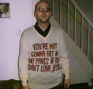 I heard once that this guy is actually wearing the sweater as a joke and doesn't seriously think that way.... but the beast has awakened and there is no stopping it now.
