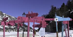 various pink and blue hiking signs advising trails on a mountain in switzerland
