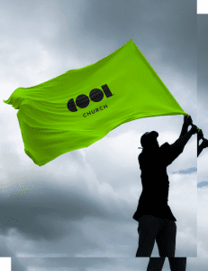 silhouette of a guy waving a flag reading "COOL CHURCH"