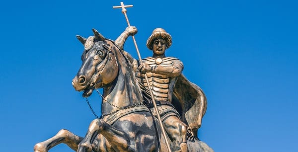 bronze statue of a renaissance era eastern european soldier on horseback