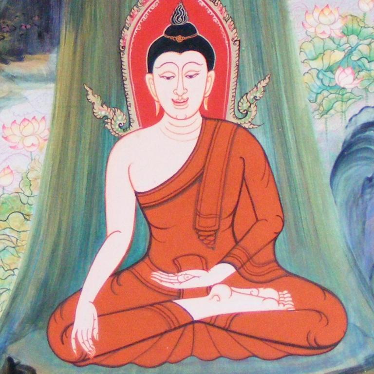Painting of the Buddha at Wat Phra Yuen Phutthabat Yukhon Amphoe Laplae, Uttaradit Province, Thailand. Image via WikiMedia Commons