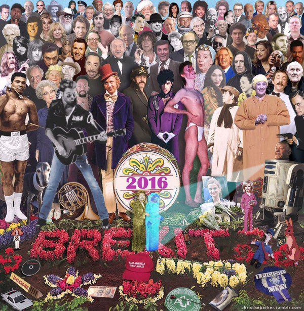 This collage by British art director Chris Barker of celebrities who didn't survive 2016 by British art director Chris Barker went viral at the end of the year. Barker says he ran out of space. (Image used under fair use provisions.)