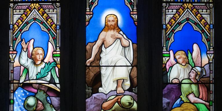 Stained glass image of the Resurrection in St. Colman's Cathedral, Cloyne, County Cork, Ireland. Photo by Andreas F. Borchert via Wikimedia Commons.