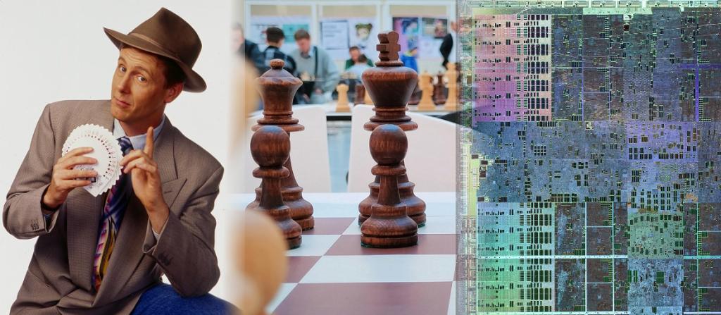 Image of Harry Anderson as con man, chess board, and AI hardware, for article about AI being like a con man