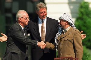 Rabin, Clinton and Arafat at the Oslo Accords signing in Washington in 1993.