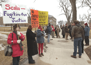 Annie Laurie Gaylor and FFRF staff protesting Scalia. Photo by FFRF