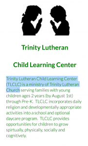 A screenshot from the Trinity Lutheran website, which openly admits that the Learning Center, which houses the playground at issue, is a children's ministry.