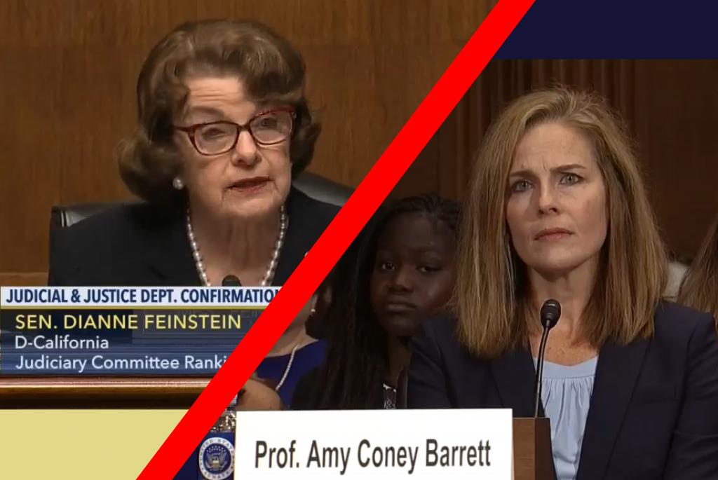 Feinstein and a perplexed Barrett during the latter's confirmation hearing before the Senate Judiciary Committee. Screenshots via C-SPAN 3.