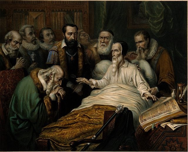 V0006910 John Calvin on his deathbed, with members of the Church in a Credit: Wellcome Library, London. Wellcome Images images@wellcome.ac.uk http://wellcomeimages.org John Calvin on his deathbed, with members of the Church in attendance. Protestant reformer in Geneva. Lithograph by W.L. Walton after Oakley, c.1865. 1865 Published: - Copyrighted work available under Creative Commons Attribution only licence CC BY 4.0 http://creativecommons.org/licenses/by/4.0/