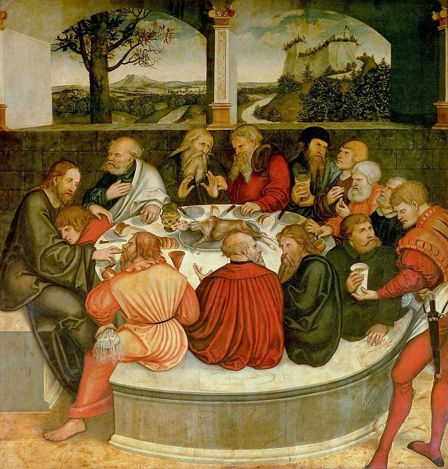 XPH328355 Triptych, left panel, Philipp Melanchthon performs a baptism assisted by Martin Luther; centre panel, the Last Supper with Luther amongst the Apostles; right panel, Luther makes his confession; Luther's sermon below, 1547 (detail of 51406) by Cranach, Lucas, the Elder (1472-1553); Church of St.Marien, Wittenberg, Germany; (add.info.: Luther, Martin (1483-1546): religious and biblical scenes: predella;); German, out of copyright