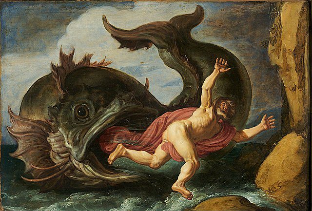 An artwork showing a whale and Jonah
