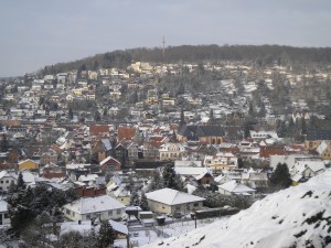 Standing on Wilder Stein and looking down on Büdingen in the winter a few years ago when the bridge was still there.   