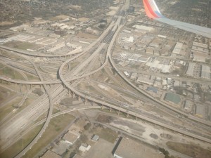 Not the I-580 and 238 cluster, because the picture came out boring. This is some insane cluster of freeways somewhere near Dallas, Texas.
