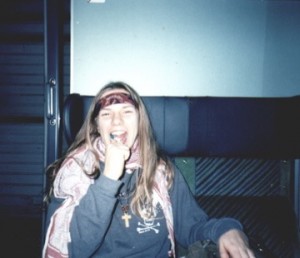 Me in my Jesus Freak days, ca. 1996. I'm wearing a sweater from the very first generation of the Jesus Freak clothing line. I am also brushing my teeth on a train because I am. 