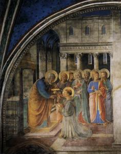 Fresco of the anointing of the seven deacons, by Fra Angelico, from the Vatican's Niccoline Chapel [public domain]