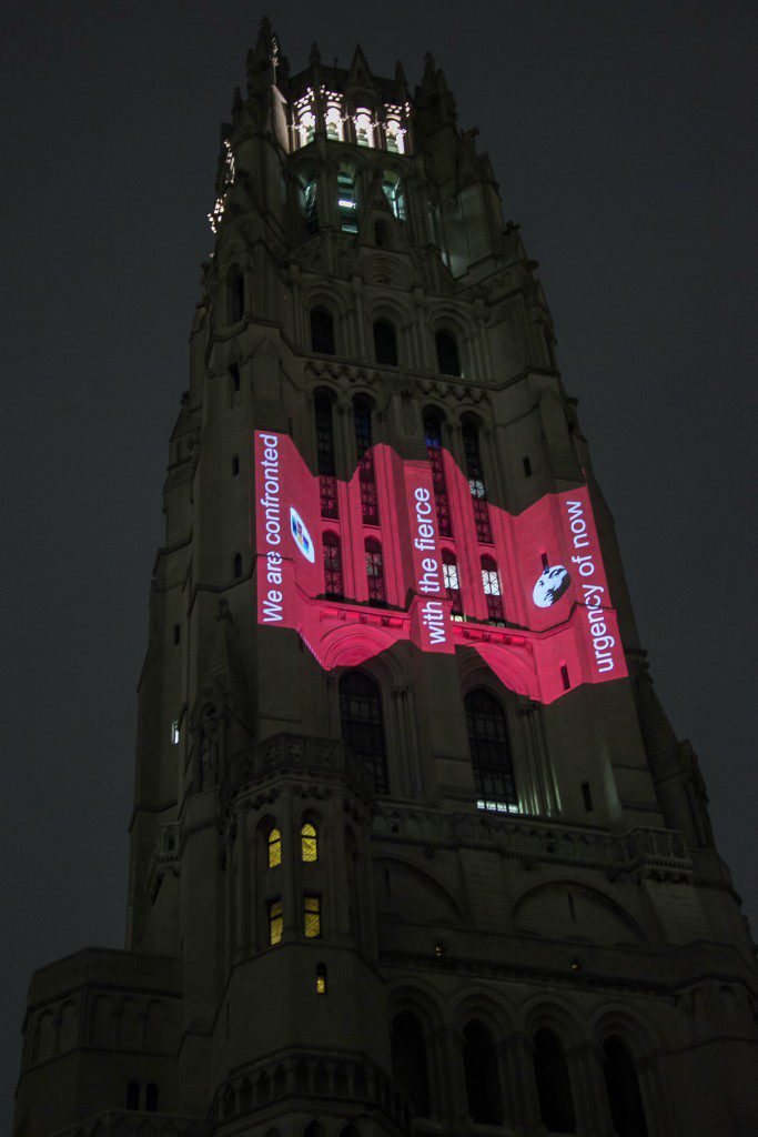 Lighted messages on the tower of The Riverside Church mark the 50th anniversary of the key address Rev. Martin Luther King Jr. gave at the church. (Photo/Alison Schopmeyer)