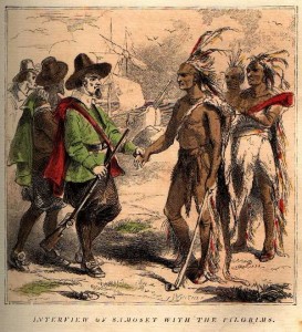 Thanksgiving Interview_of_Samoset_with_the_Pilgrims, book engraving 1853. enwikipedia.org