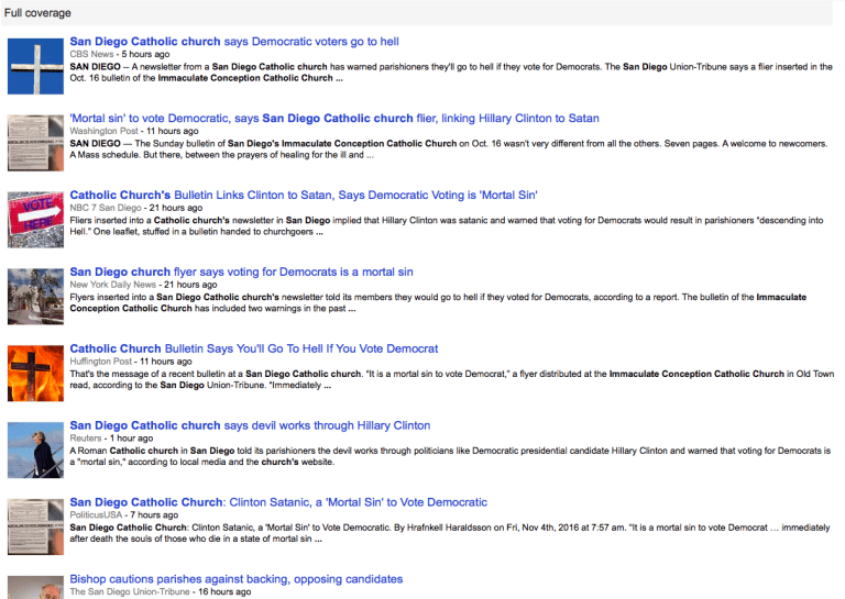 Recent coverage of the insert that found its way into the bulletin Immaculate Conception Parish in San Diego, California. Screen shot of google results.