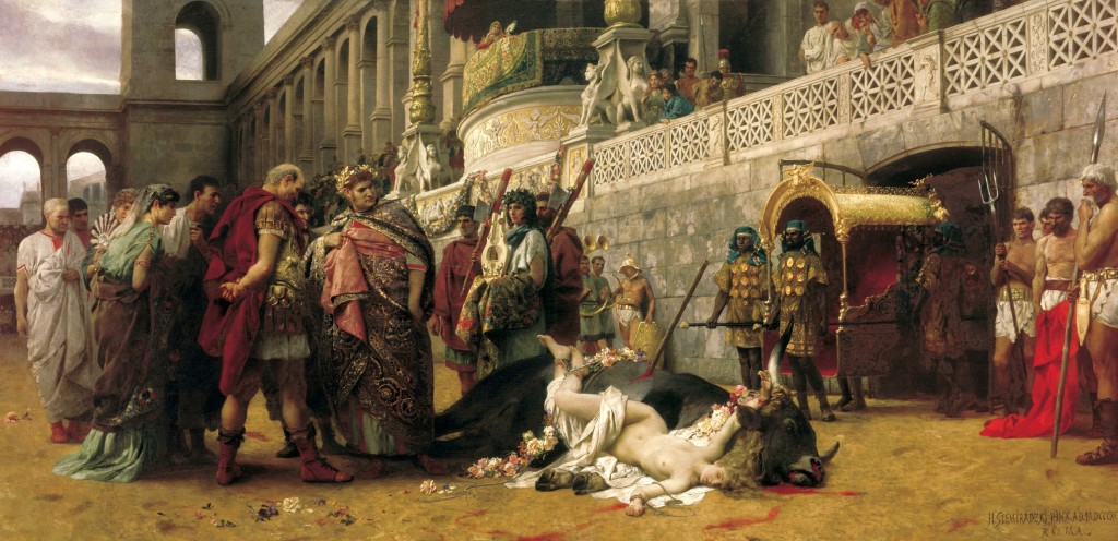 A Christian Dirce, by Henryk Siemiradzki. A Christian woman is martyred under Nero in this re-enactment of the myth of Dirce 