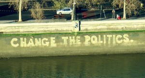 Change the Politics painted on bridge