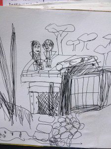 A sketch of Riverman and me talking Fulton Sheen on The Deck, by my daughter