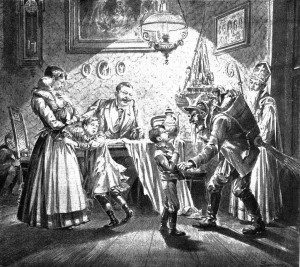 Krampus and St. Nicholas visit a family. A child pleads for his life as the children are terrified, while the mustachioed father watches bemusedly. (image from wikipedia)