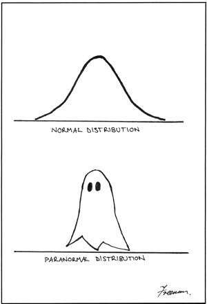 Top Panel has a statistical Gaussian Curve labeled "Normal Distribution". Bottom panel has a similarly-shaped ghost that says "Paranormal Distribution".