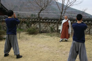 Buddhist monks practicing bulmudo, a form of martial arts unique to Korean <a href='https://www.patheos.com/library/buddhism' target='_blank'>Buddhism</a> (Bob Sessions photo)