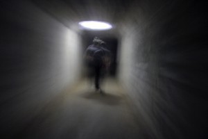 In this scene from our tour at Waverly Hills, our guide bounced his his flashlight beam on the ceiling to provide some illumination as we walked (photo courtesy of Mike Whye)