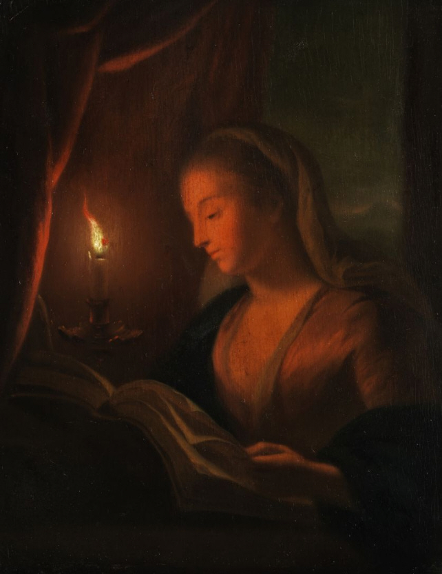 Young woman reading (in the style of Petrus van Schendel) by anonymous (Wikimedia Commons image)