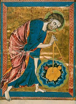 God creating the cosmos (Bible Moralisee, French, 13th century; Wikimedia Commons image)