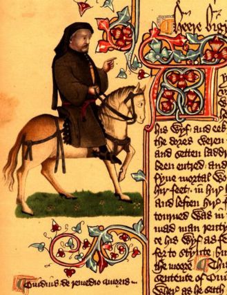Chaucer, author of the Canterbury Tales, is shown here as a pilgrim (Image from the Ellesmere manuscript via Wikimedia Commons)
