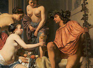 "Bacchus on a Throne − Nymphs Offering Bacchus Wine and Fruit." Caesar Boetius van Everdingen [Public Domain], via Wikimedia Commons