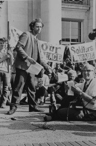 (Mario Savio, protesting at UC Berkeley in 1964, Source: Wikipedia, Creative Commons License).