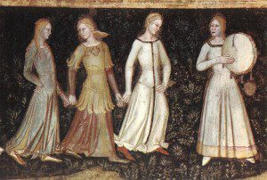 (A 1365 depiction of some women doing an Italian folk dance by Andrea Bonaiuti, located in the Church of Santa Maria Novella in Florence. Source: Wikimedia, Creative Commons License).